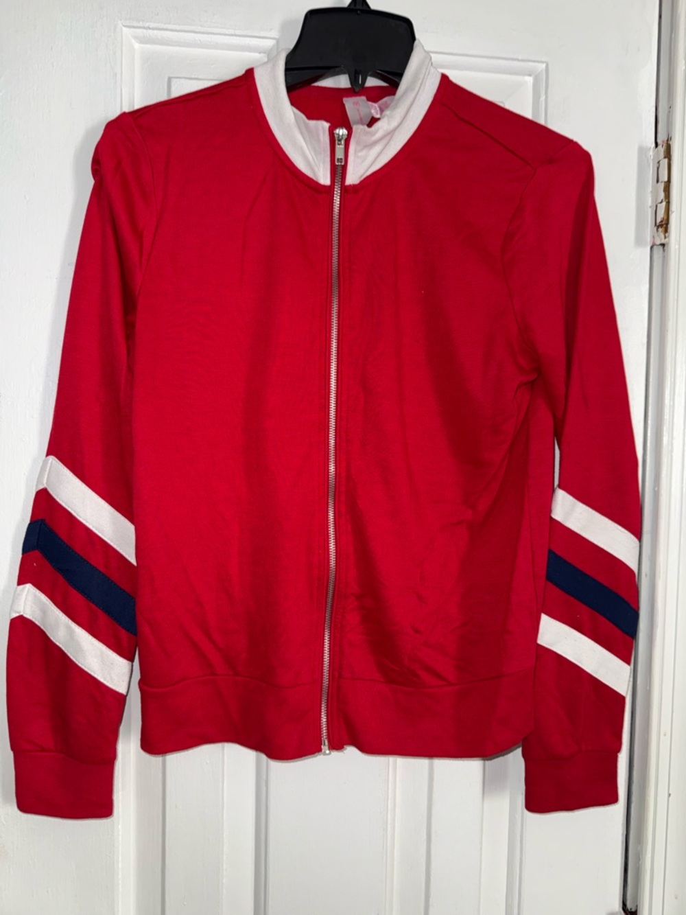 Red Zip-Up Track Jacket with White & Navy Stripes